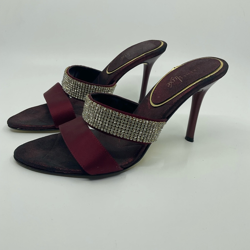 J. Renee Luxe Latte Rhinestone and Satin Open Toe Mules Heels